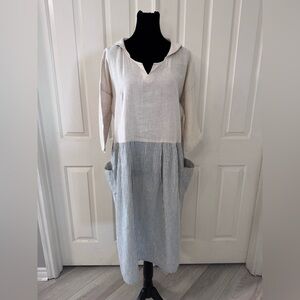 Samansa Mos2 SM2 Dress Hemp Cotton Sz M Tan Blue Stripe Slouch Pockets Lagenlook